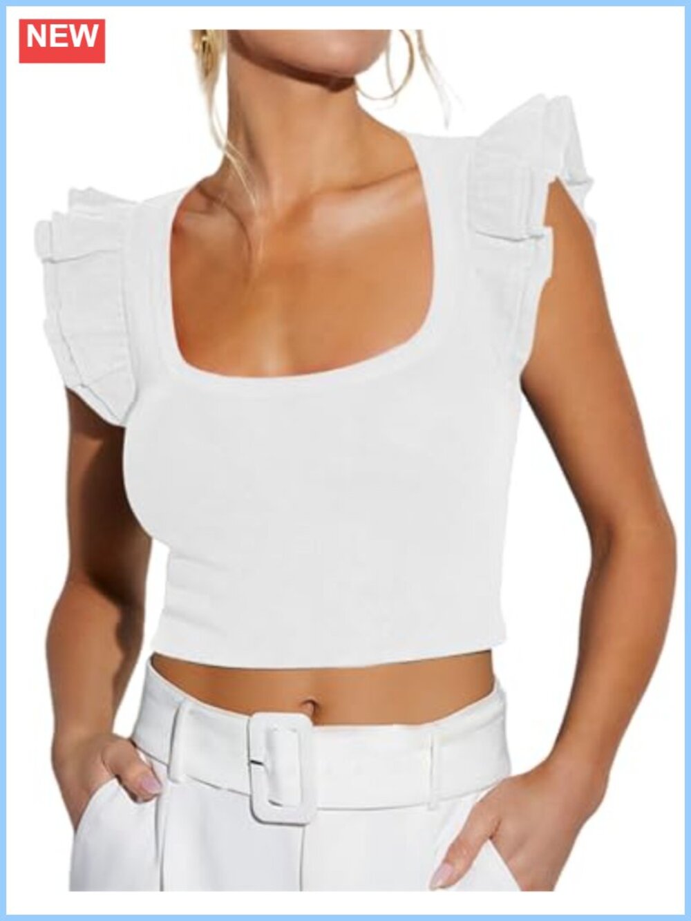 Women Cropped Square Neck Tank Top Ruffle Sleeve Summer Shirt